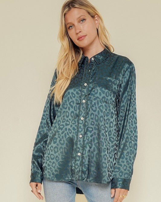 Teal Dark Emerald Green Animal Jacquard Leopard Print Long Sleeve Button Down Satin Like Blouse