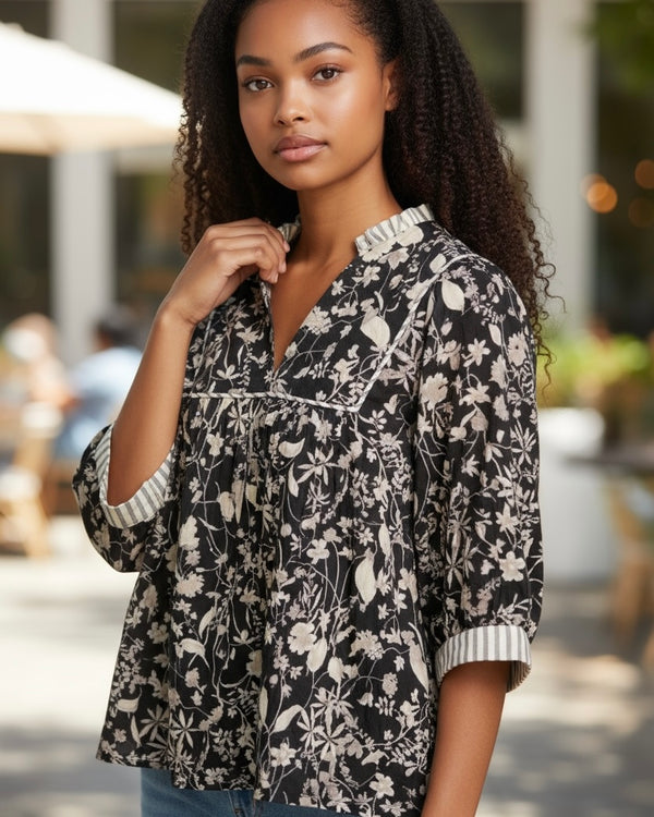 Black & Tan Short Puff Sleeve Contrast Stripe Top