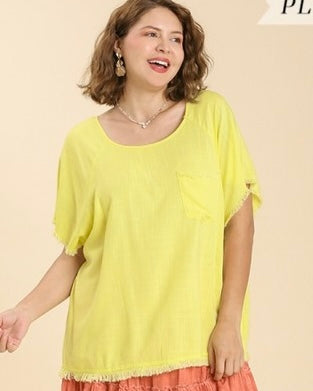 Plus Size Yellow Linen Frayed Edge Short Sleeve Top