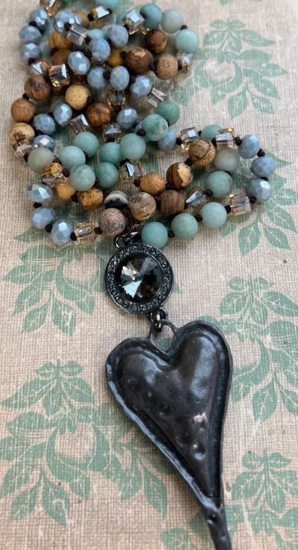 Long Brown, White & Black Tone or Blue & Neutral Tone Beaded Necklace with Double Drop Pendants with Rhinestones and Metal Heart