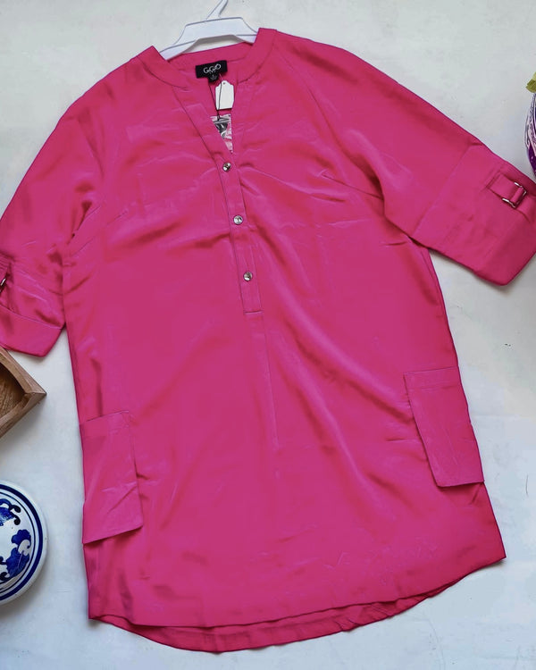 Solid Pink Straight Line Pocket 3/4 Buckle Cuff Sleeve Button Front Dress