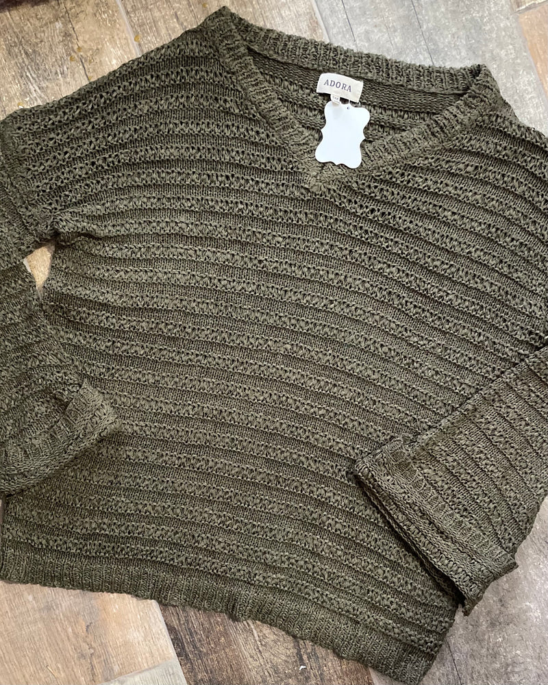 Dark Olive Green VNeck Knit Long Cuff Sleeve Sweater