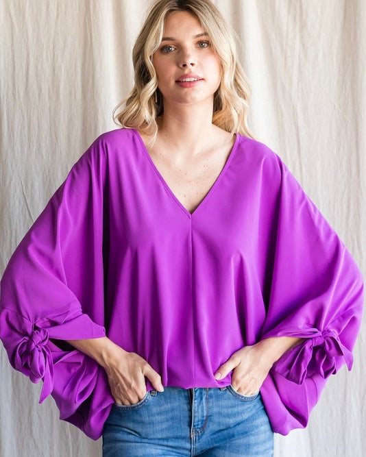 Plus Solid Orchid Purple Draped Bubble Balloon Sleeve Top