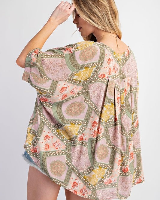 Sage Green Mix Patch Print Loose Fit Boxy Top