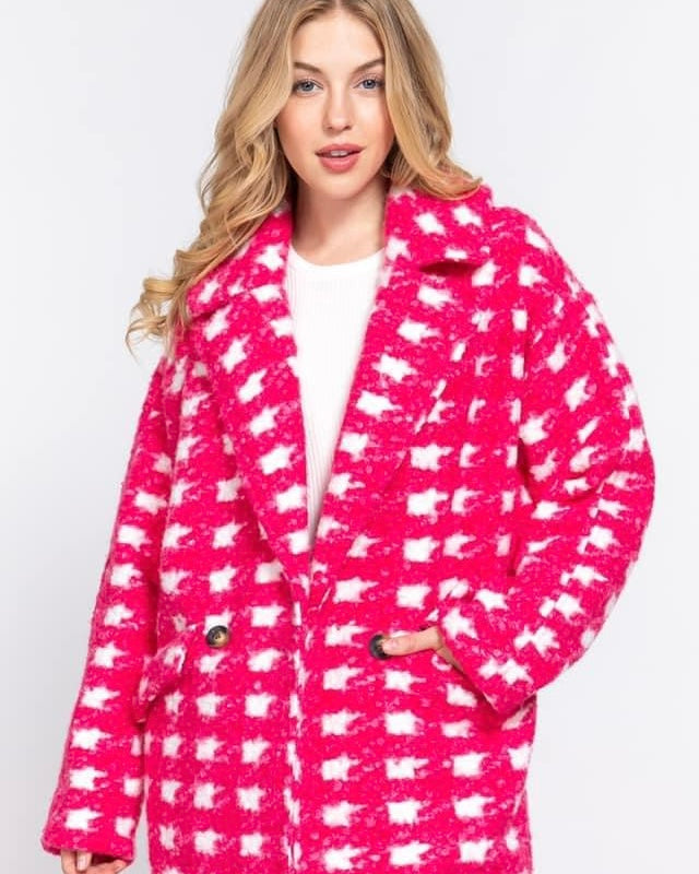 Pink and White Checkered Button Front Sherpa Coat Jacket