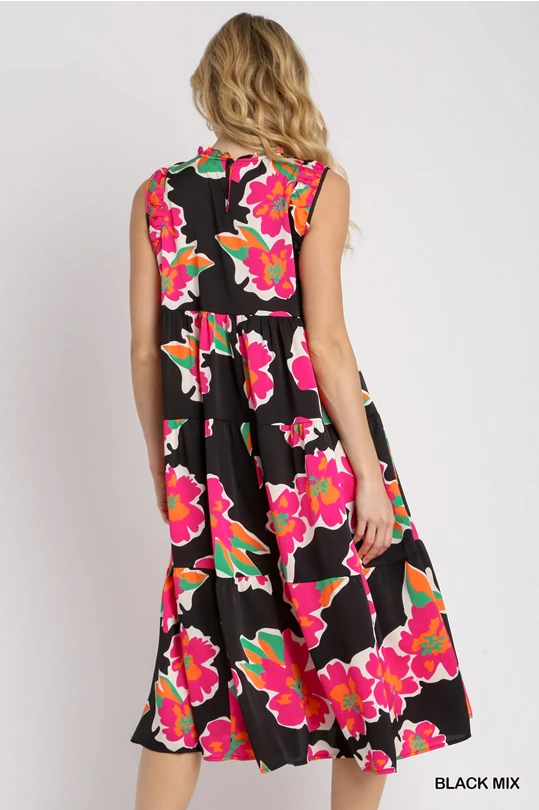 Plus Size Black & Pink Floral Sleeveless Tiered Maxi Dress