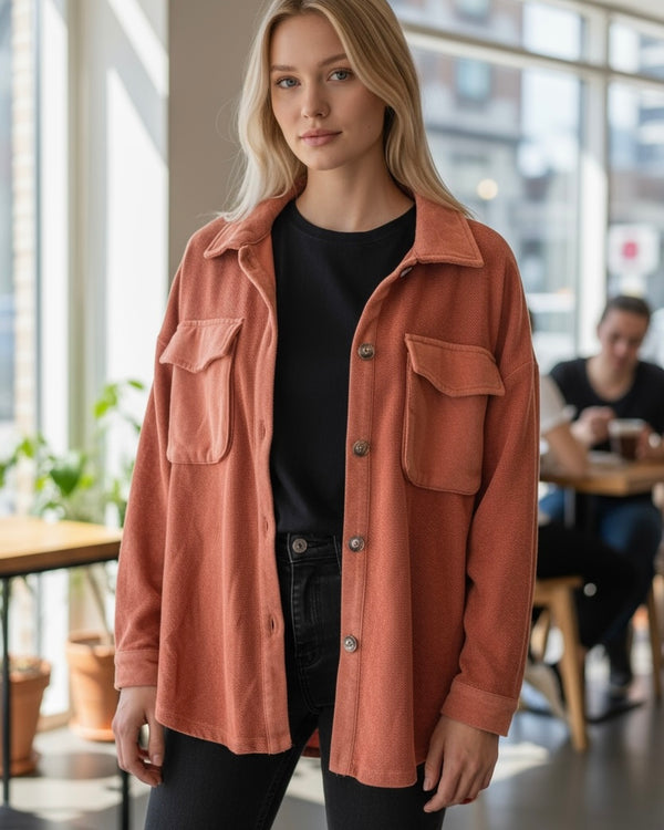 Green or Terra Cotta Fleece Button Down Front Pocket Long Sleeve Shacket