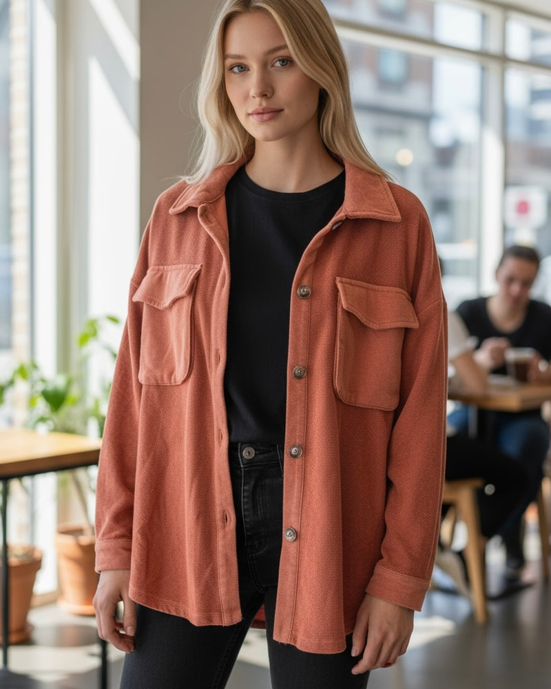 Green or Terra Cotta Fleece Button Down Front Pocket Long Sleeve Shacket