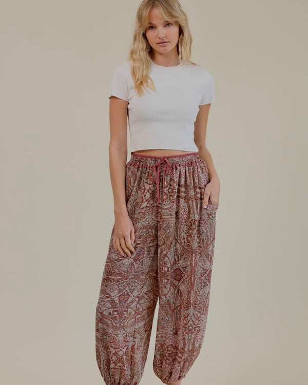 Bohemian Brown Multi Graphic Elastic Drawstring Waist Full Leg Pant