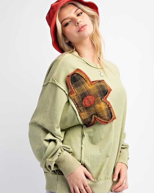 Washed Brown Green Flower Patch Terry Knit Pullover Long Sleeve Sweatshirt