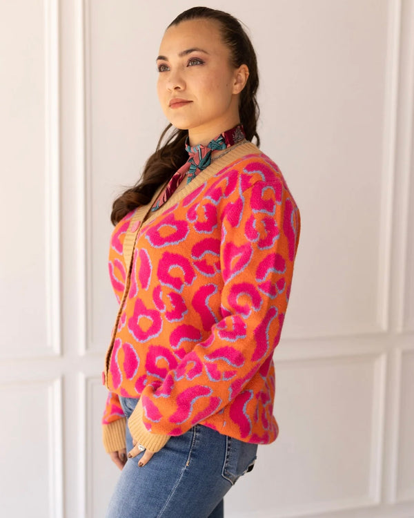 Plus Size Orange & Pink Leopard Animal Print Button Front Long Sleeve Sweater Cardigan