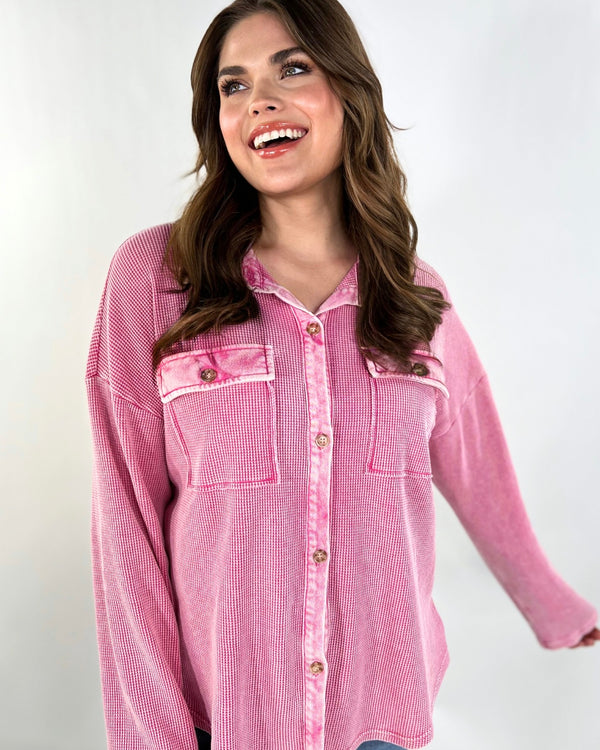 Plus size Pink Waffle Button Down Shacket