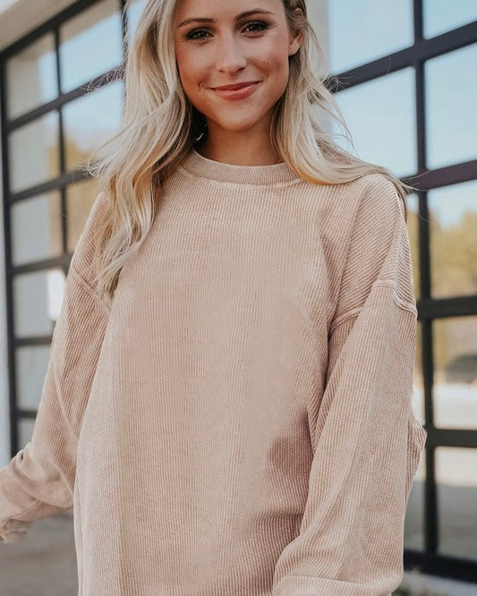 Orange or Tan Ribbed Corduroy Oversized Long Sleeve Sweatshirt Top