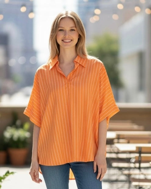 Orange & White Stripe Drop Shoulder Open Collar Neck Short Sleeve Top