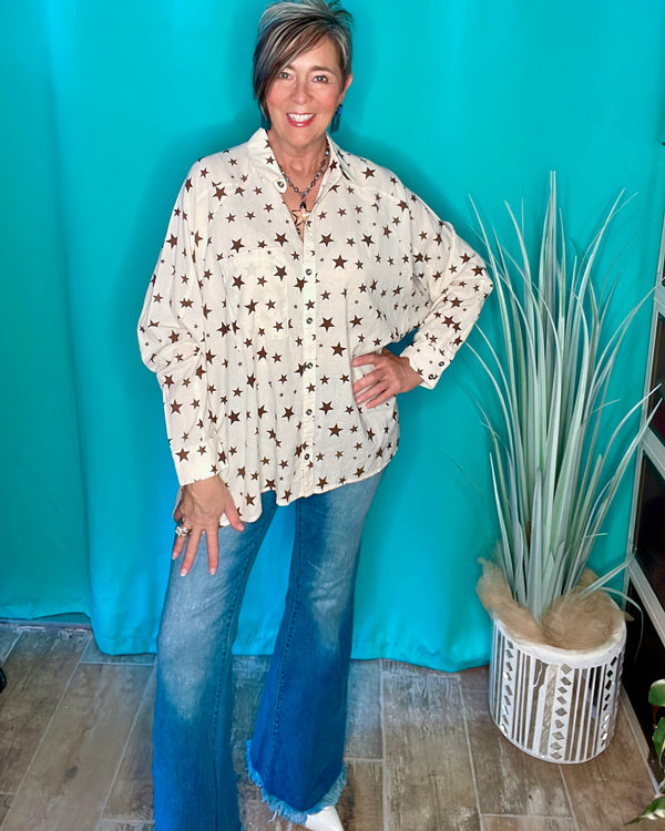 Cream with Brown Star Long Sleeve Button Down Tunic Top