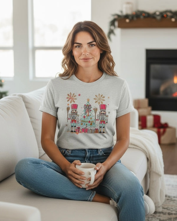 Gray Christmas Tree Nutcracker Bow Short Sleeve Tshirt Tee Top