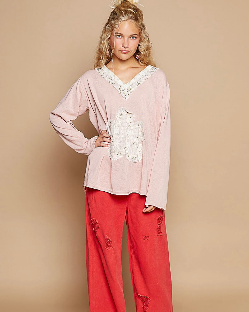 Light Pink Blush Boho Patch Long Sleeve Oversized VNeck Top