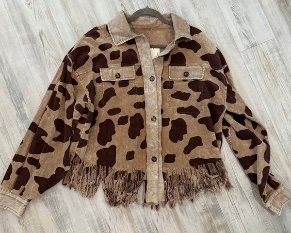 Brown on Brown Leopard Cow Animal Print Corduroy Buttoned Up Shirt Jacket