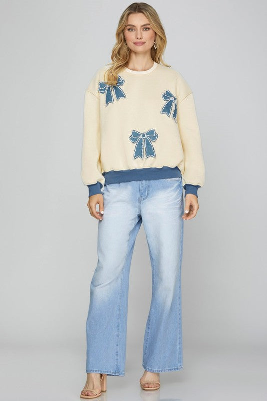 Cream & Blue Pearl Embellished Denim Ribbon Bow Patch Long Sleeve Sweatshirt