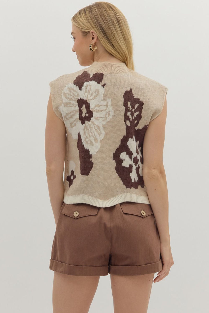 Tan & Brown Floral Print Cap Sleeveless Knit Sweater Top