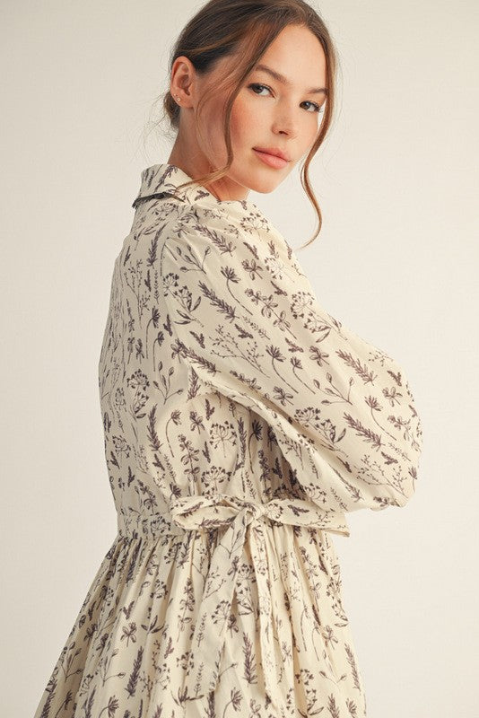 Cream & Brown Garden Print Waist Tie Button Down Floral Long Sleeve Mini Dress