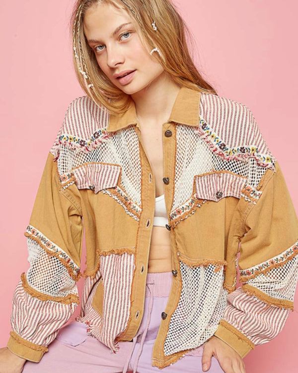 Cotton Boho Mustard Yellow Gold Twill and Embroidery Trim Oversize Long Balloon Sleeve Jacket