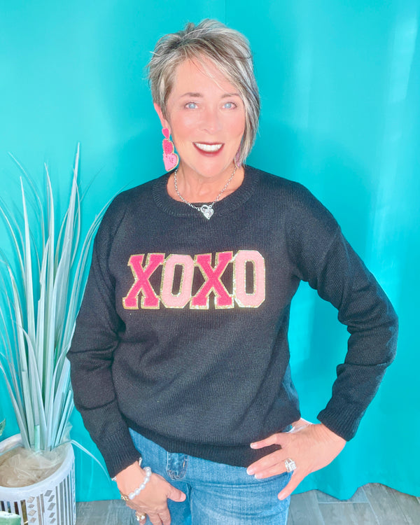 Valentine Chenille XOXO in Pink & Gold on Black Sweater Top