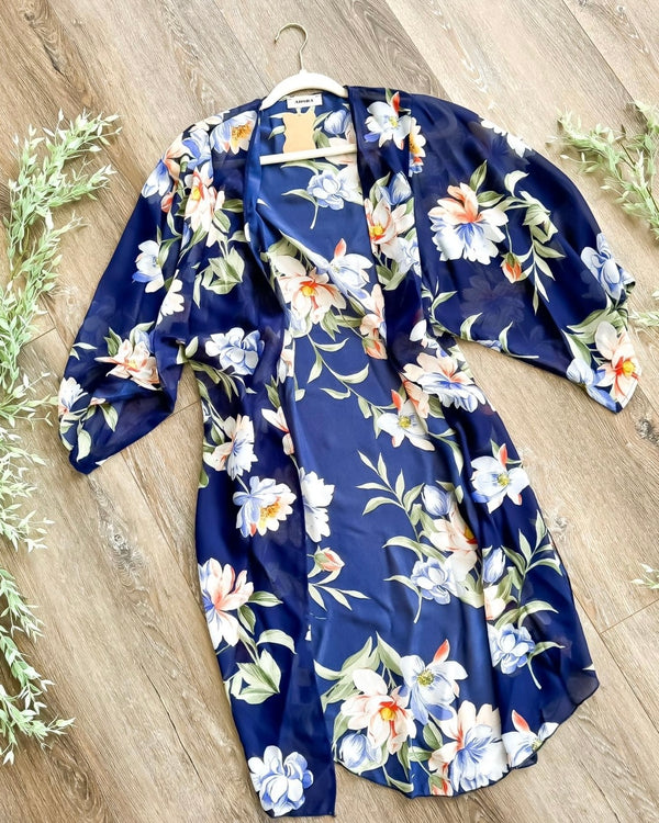 Navy Blue Floral Multi Color Lightweight Open Front Kimono