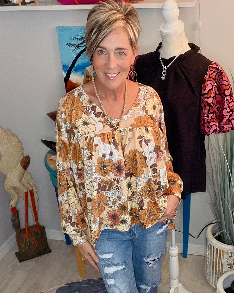 Brown Floral Retro Babydoll Top