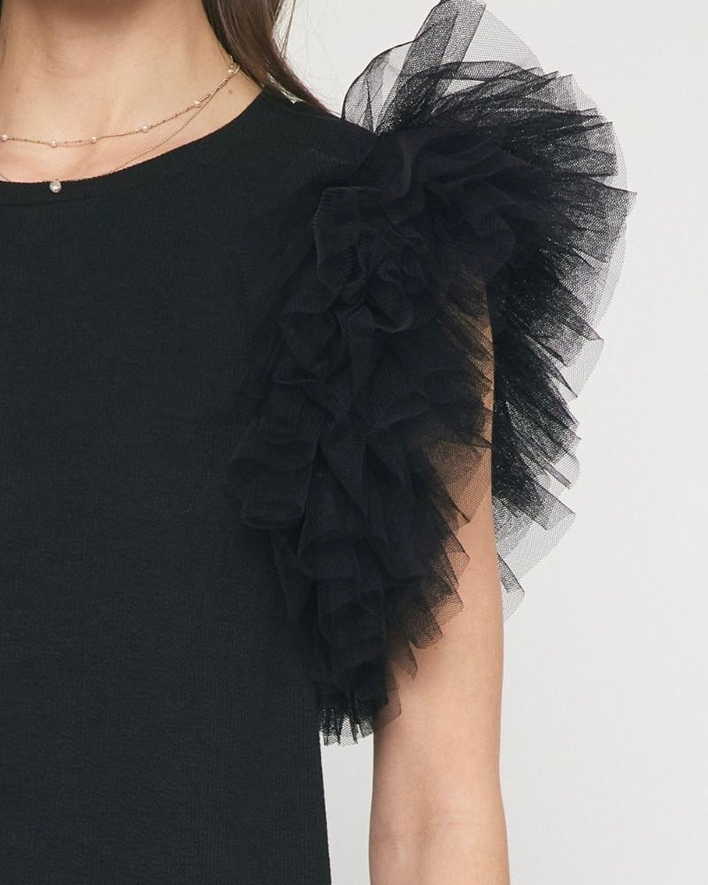 Black Top with Tulle Ruffle Cap Sleeves