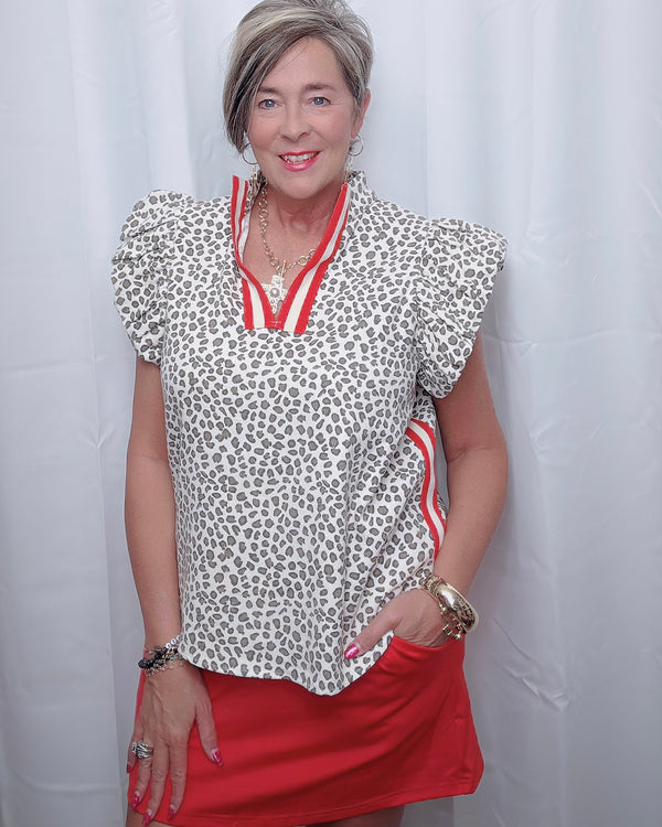 Brown Leopard Red Stripe Trim Open VNeck Short Sleeve