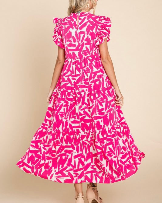 Plus Size Pink & White or Blue & White Graphic Print Tier Layer Midi Dress