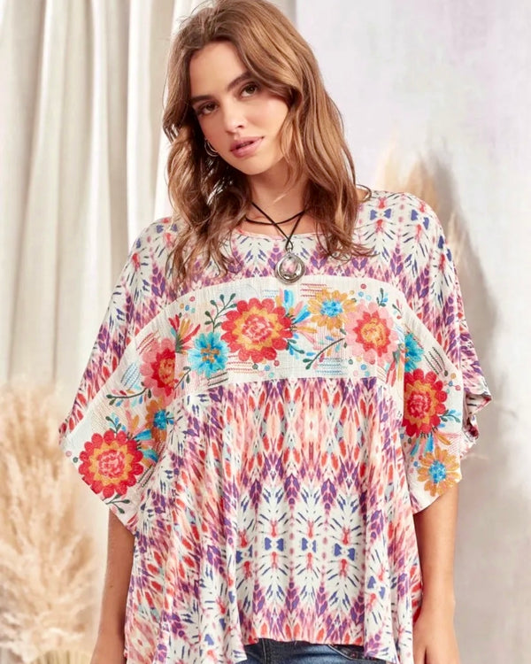 Multicolor Abstract Print Short Dolman Sleeve Boxy Top w/Flower Embroidery
