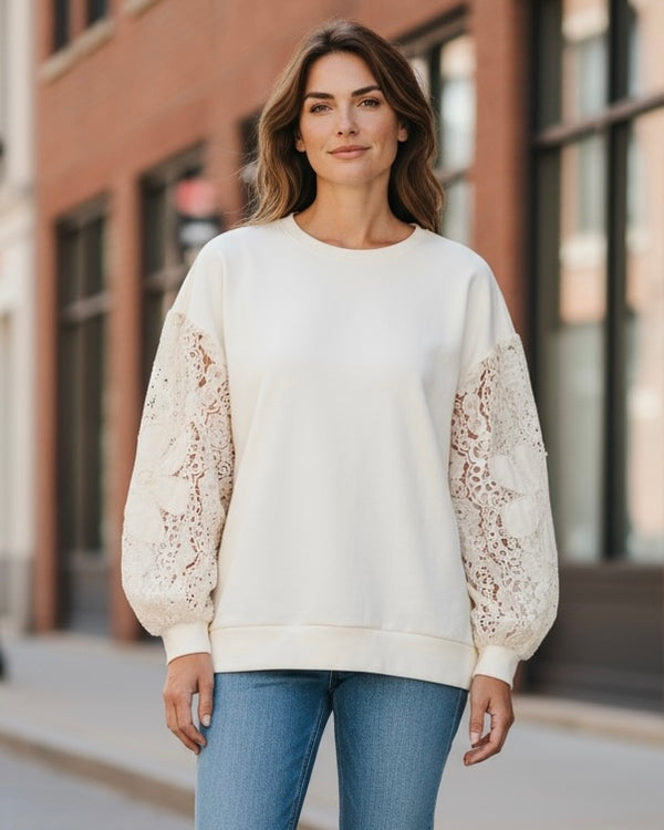 Ivory Off White Long Sleeve Lace flower Patch Pullover Sweatshirt Top