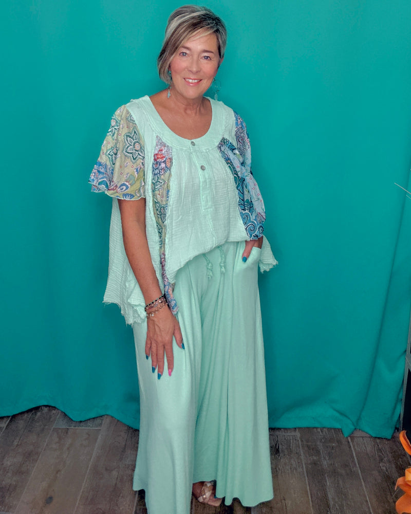 Solid Mint Turquoise Blue Wide Flare Drawstring Elastic Waist Pocket Lounge Pant