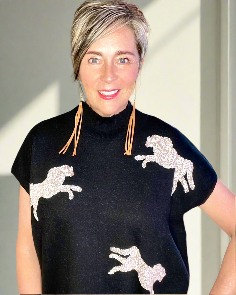 Black & Cream Cheetah Short Cap Sleeve Mock Neck Sweater