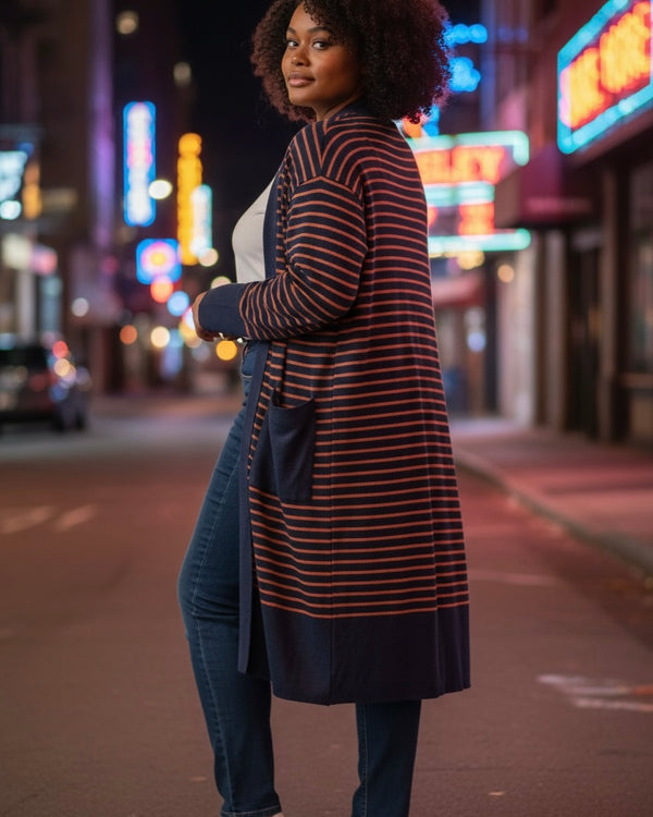 Navy Blue & Brown Stripe Open Front Long Sweater Cardigan
