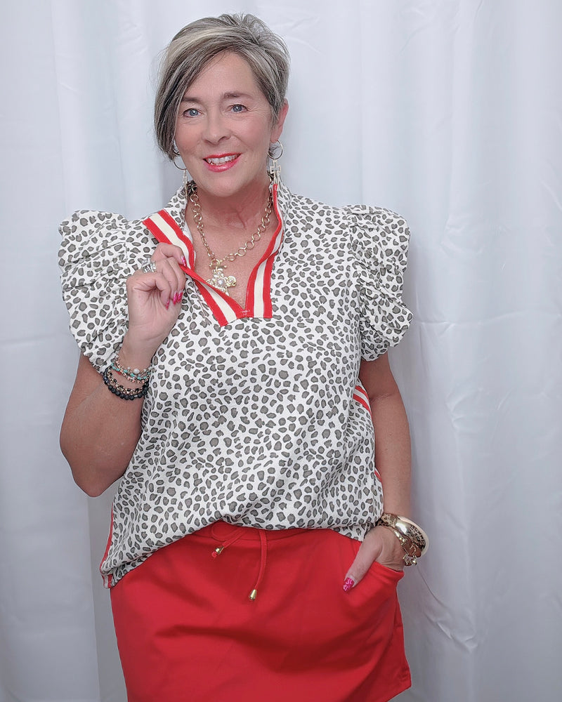 Brown Leopard Red Stripe Trim Open VNeck Short Sleeve