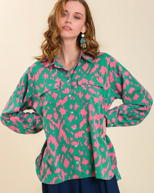 Plus Size Green & Pink Leopard Animal Print Button Down Long Sleeve Top