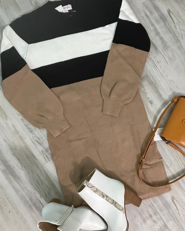 White, Tan and Black Bold Color Block Sweater