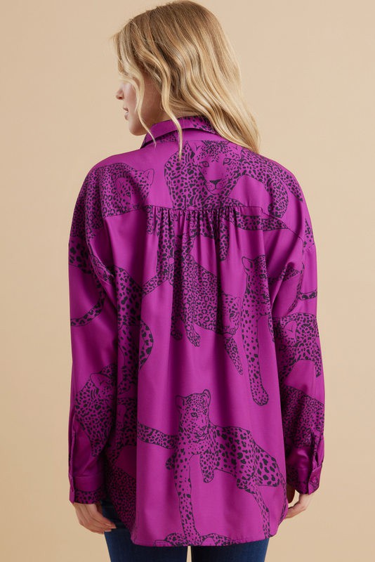 Plus Size Purple & Black Cheetah Animal Print Button Down Long Sleeve Top