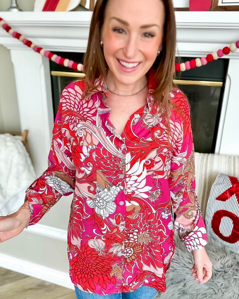 Red & White Array Floral Print Button Down Long Sleeve Blouse