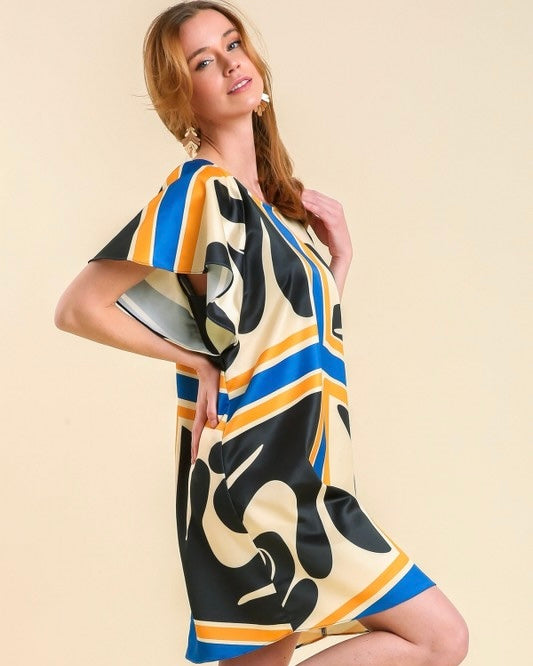Cream, Gold, Blue & Black Abstract Satin Fabric Round Neck Short Ruffle Sleeve Dress