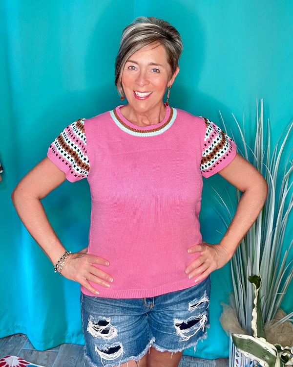 Pink Sweater Knit Short Flare Contrasting Brown Cap Sleeve Top
