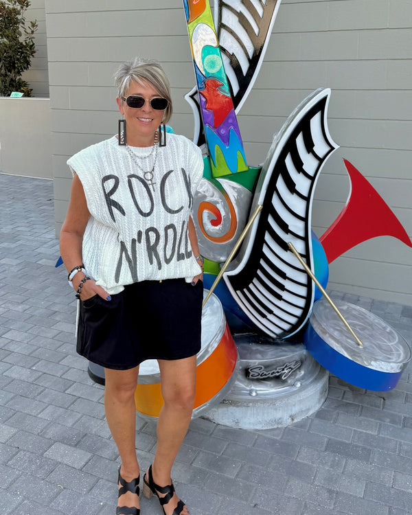 Blue or White "Rock N Roll" Acrylic Knit Sleeveless Tunic Top