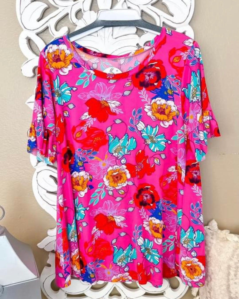Bright Pink Floral Spring Mix Short Sleeve Tshirt Top