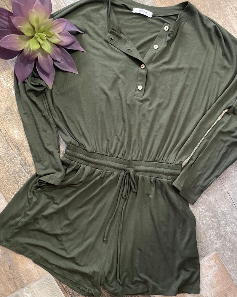 Army Olive Green Button Front Long Sleeve Drawstring Elastic Waist Romper