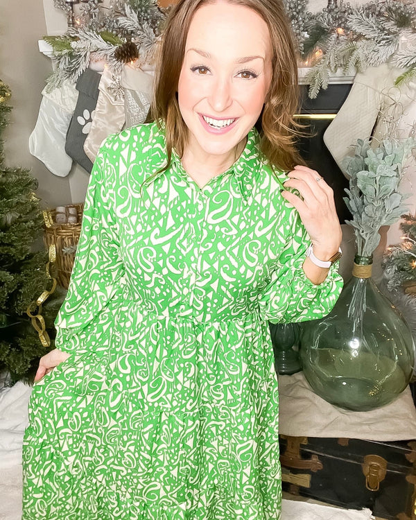 Green Ivory White Print Maxi Tier Long Sleeve Button Front Dress