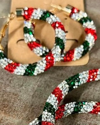 Red, Green & Clear Rhinestone Large Hoop Earrings