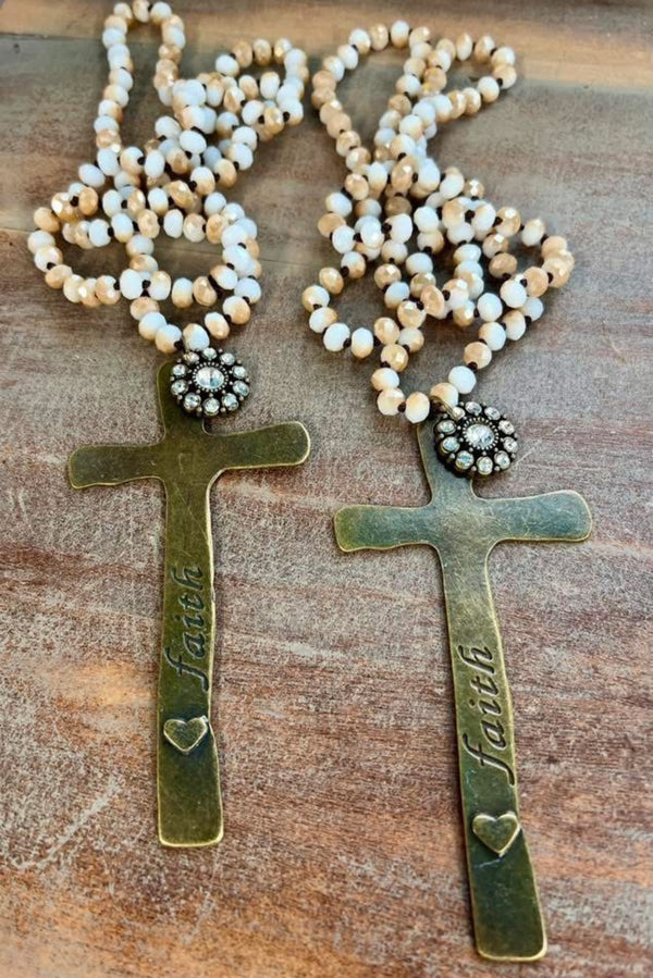 Long Pearl Necklace with Large Silver "Believe" and "Faith" Cross Pendant